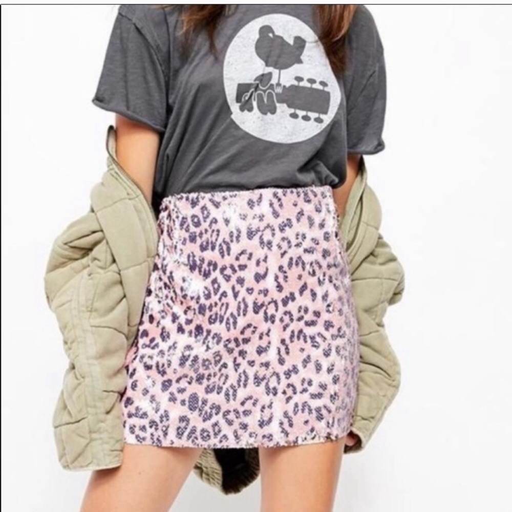 Free People Sequin Pink Cheetah Mini Skirt